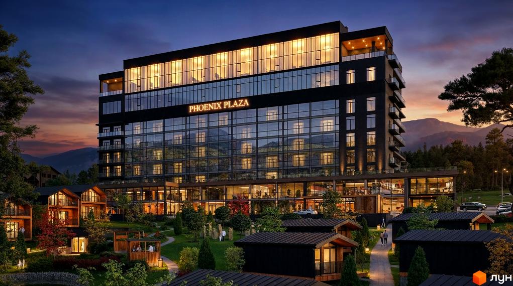 Житловий комплекс Апарт-готель PHOENIX PLAZA з сучасним фасадом та прибудинковою територією з зеленими насадженнями.