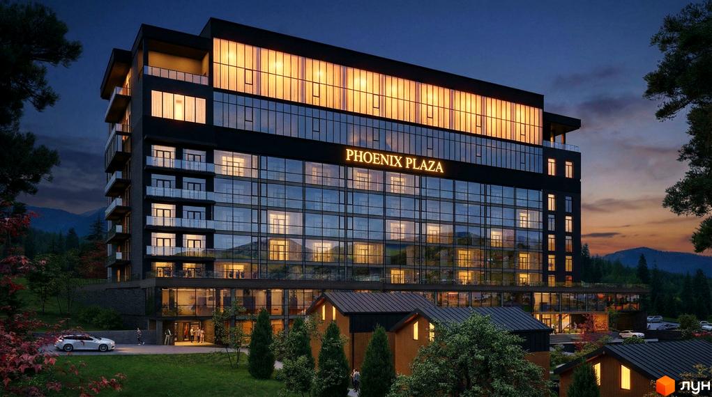 Вид на будівлю Апарт-готель PHOENIX PLAZA з великими вікнами та прибудинковою територією з зеленими насадженнями.