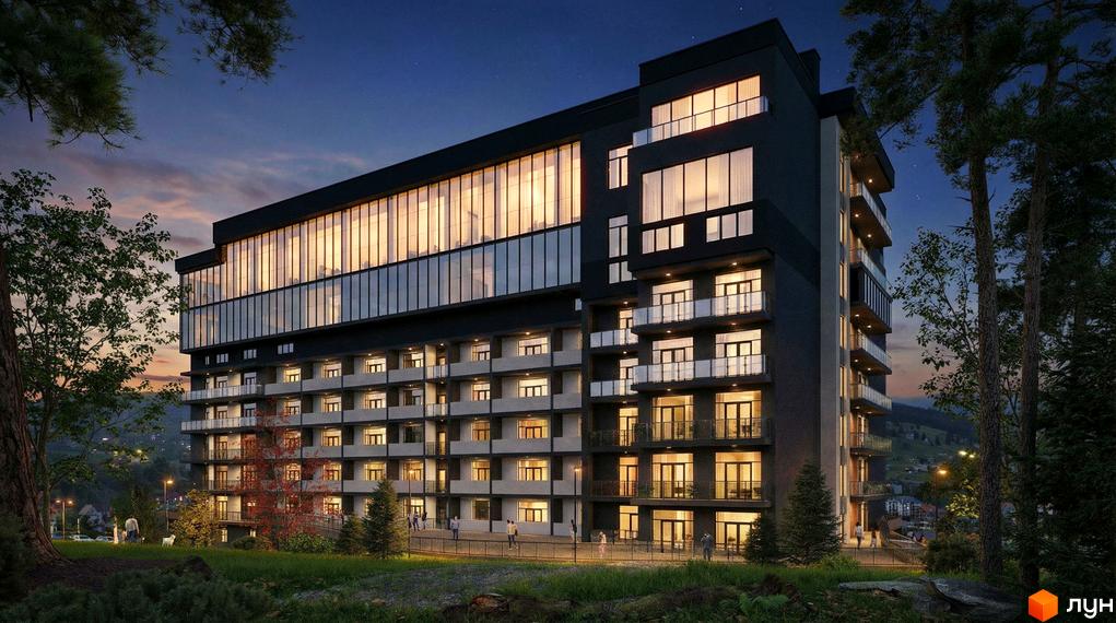 Зовнішній вигляд Апарт-готелю PHOENIX PLAZA з великими вікнами та балконами, прибудинкова територія з зеленими насадженнями.