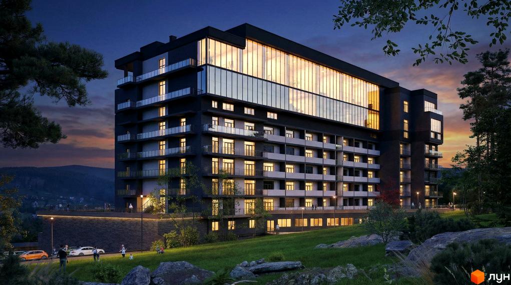 Апарт-готель PHOENIX PLAZA з сучасним фасадом та великими вікнами, оточений зеленими насадженнями та прибудинковою територією.