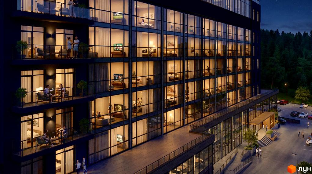 Житловий комплекс Апарт-готель PHOENIX PLAZA з великими вікнами та балконами, прибудинкова територія з парковкою та зеленими насадженнями.