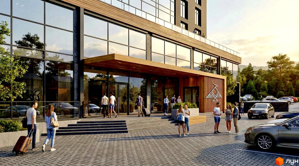 Вхідна група Апарт-готелю PHOENIX PLAZA з великими вікнами та дерев'яними елементами. Прибудинкова територія з паркувальними місцями та зеленими насадженнями.