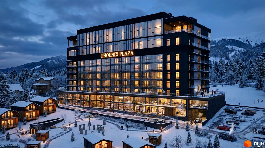 Житловий комплекс PHOENIX PLAZA з великими вікнами та сучасною архітектурою. Прибудинкова територія з котеджами та зимовим ландшафтом.