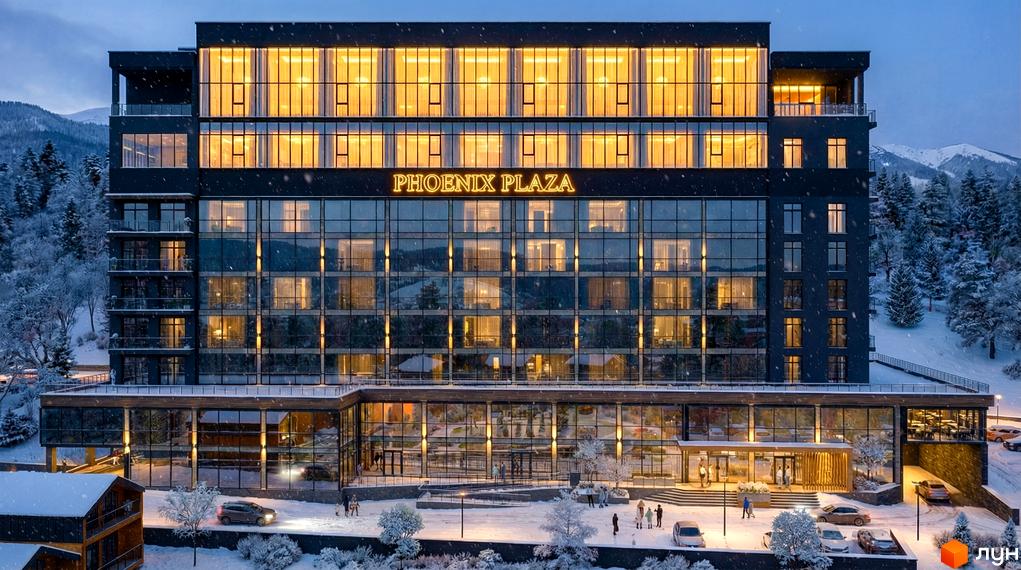 Зовнішній вигляд Апарт-готелю PHOENIX PLAZA з великими вікнами та прибудинковою територією, засніженою зимою.