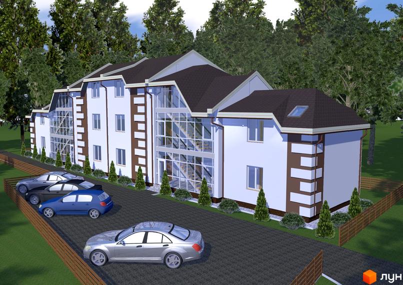 Зображення житлового комплексу з білими фасадами та коричневими вставками. Перед будинком розташована асфальтована територія з припаркованими автомобілями та зеленими насадженнями.