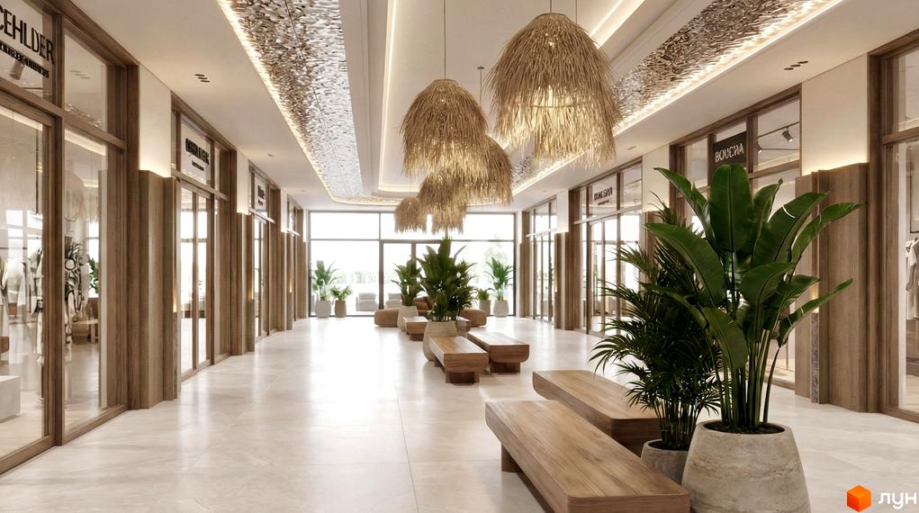 Сучасний інтер'єр Апарт-готелю PHOENIX PLAZA з дерев'яними меблями та рослинами, освітленням і великими вікнами.