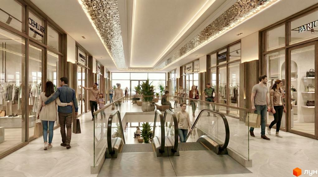 Інтер'єр апарт-готелю PHOENIX PLAZA з ескалатором та магазинами. Люди прогулюються по просторому холу з рослинами.