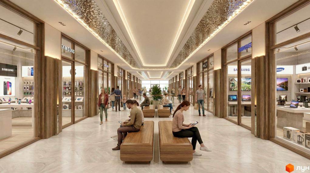 Торгова галерея Апарт-готелю PHOENIX PLAZA з магазинами електроніки та місцями для відпочинку. Інтер'єр комплексу має світле оздоблення та декоративне освітлення.