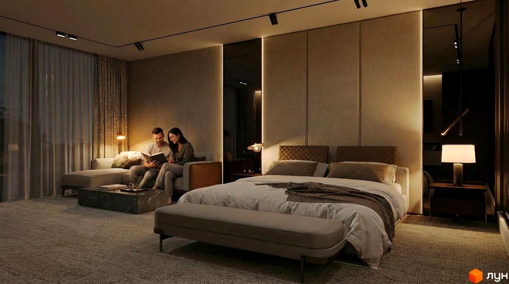 Простора спальня-вітальня в Апарт-готель PHOENIX PLAZA з великим ліжком, зоною відпочинку та панорамними вікнами.