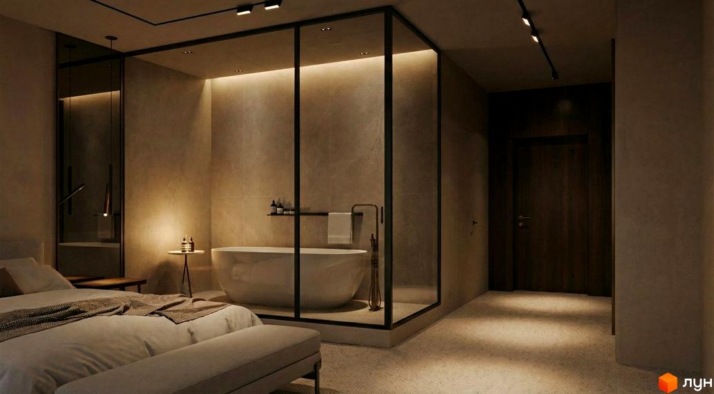 Дизайн інтер'єру апартаментів PHOENIX PLAZA: спальня з ліжком, окрема ванна кімната зі скляною стіною та ванною.