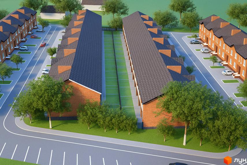 Зовнішній вигляд Таунхауси Перший Парковий з прибудинковою територією та парковкою для автомобілів.