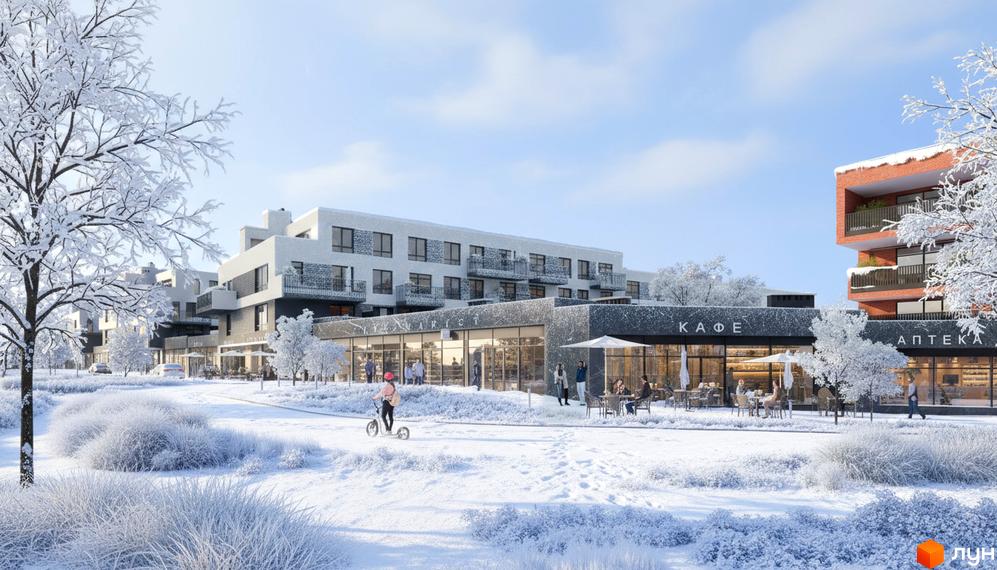 Житловий комплекс Greenville Prostir з сучасними будинками та прибудинковою територією, покритою снігом. На фоні видно кафе та людей, що відпочивають.