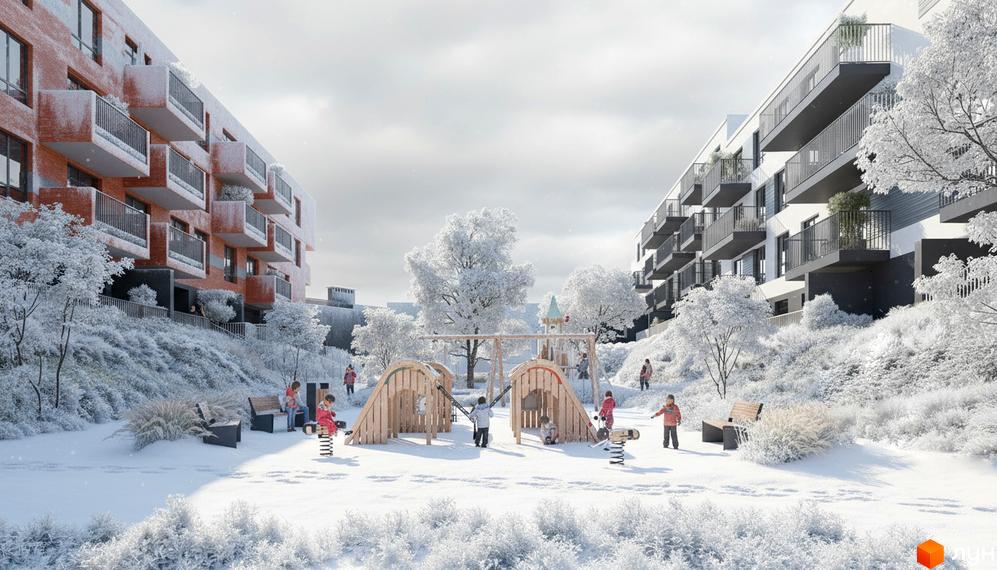 Житловий комплекс Greenville Prostir: цегляні та білі фасади будинків з балконами, зимовий дитячий майданчик з дерев'яними гірками та гойдалками, засніжені дерева та схили.