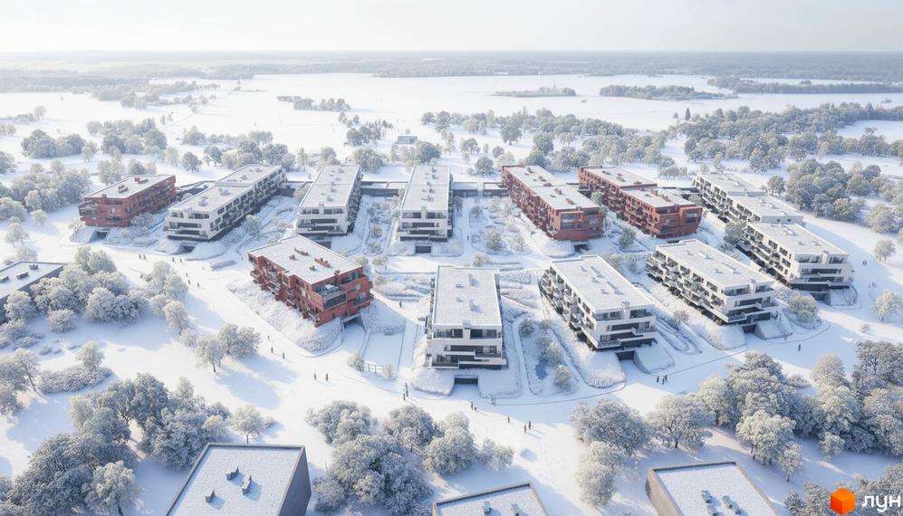 Житловий комплекс Greenville Prostir з сучасними будинками, оточений засніженими деревами та прибудинковою територією.