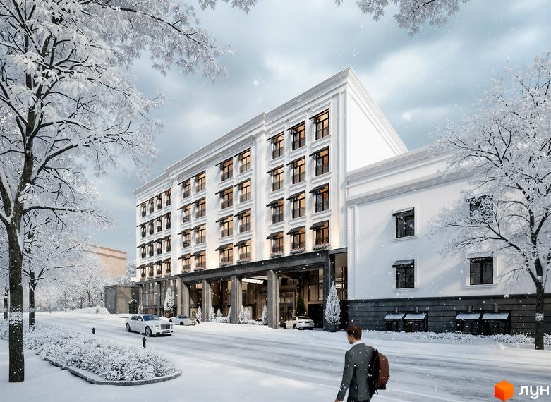 Житловий комплекс MIY by Five Forces з фасадом у світлих тонах та прибудинковою територією, засніженою взимку.