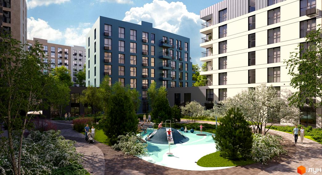 Житловий комплекс Sense City з сучасними будинками та зеленими прибудинковими територіями, облаштованими для відпочинку.