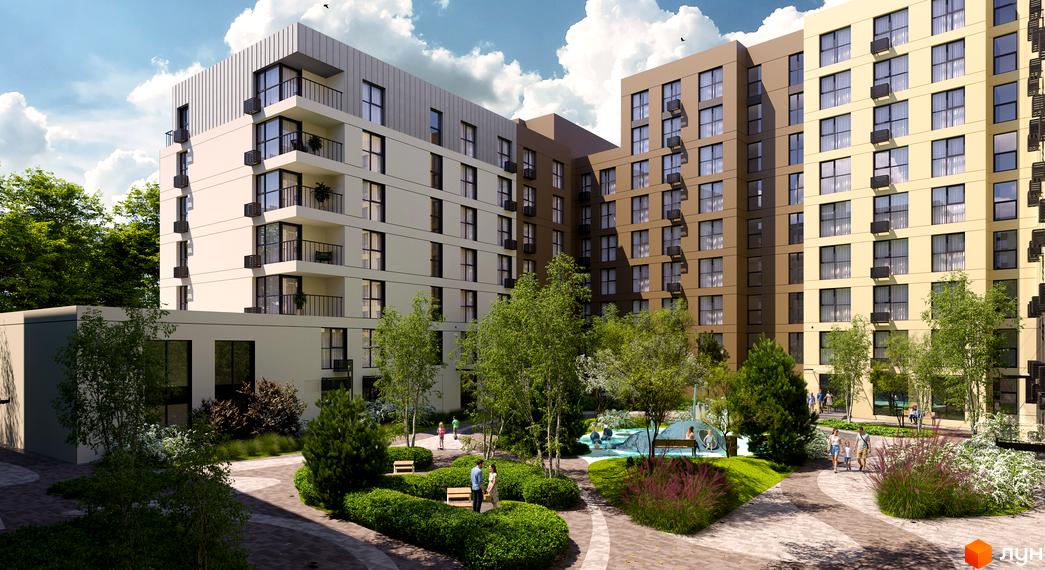 Житловий комплекс Sense City з різнокольоровими фасадами та балконами. У дворі облаштований зелений простір з деревами, доріжками та дитячим майданчиком.