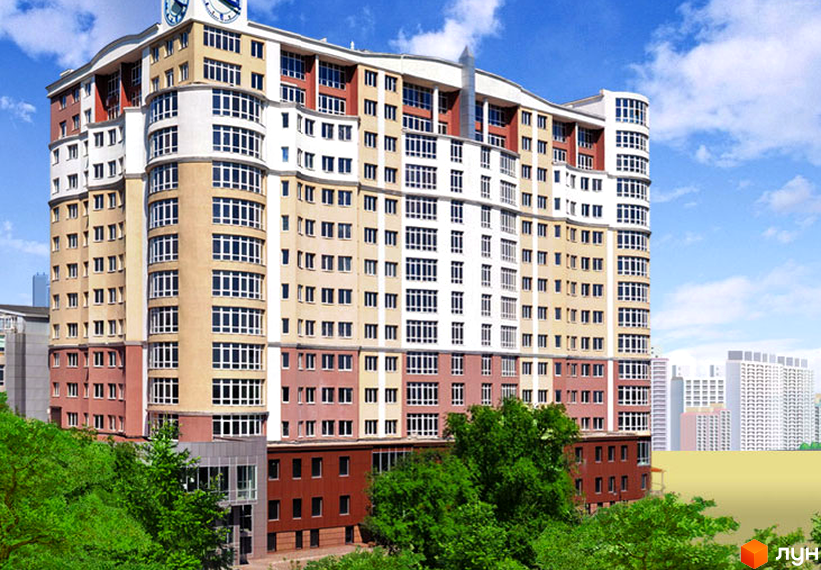 Багатоповерховий будинок Житловий комплекс Лермонтово з великою кількістю вікон. На передньому плані зелені дерева, на задньому - блакитне небо.