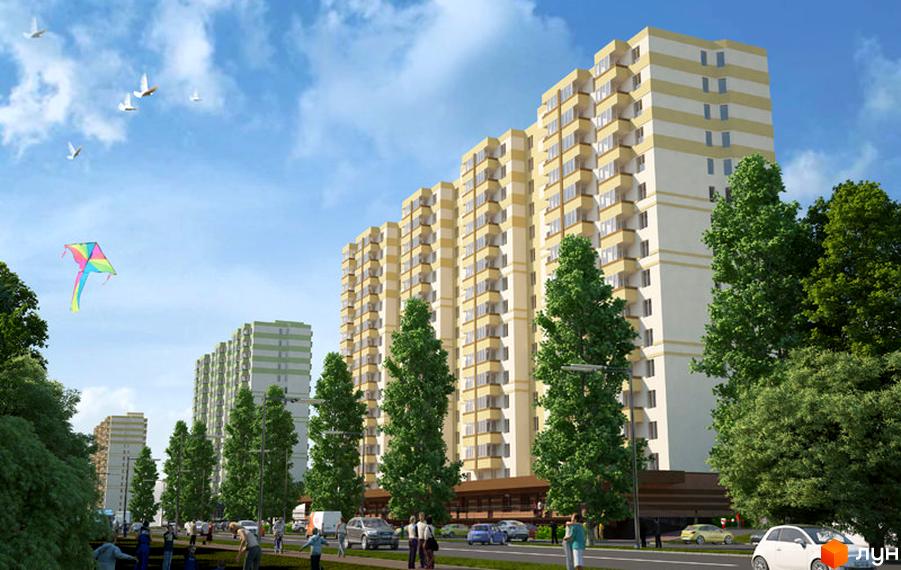 Високі будинки Житлового комплексу Берегиня з жовтими та білими фасадами. На території комплексу багато зелених насаджень, є дорога та люди.