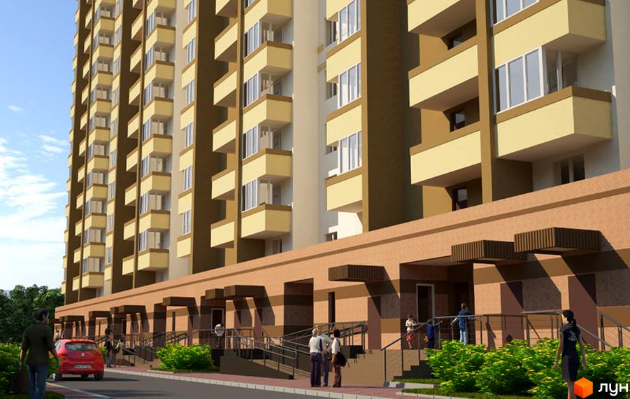 Житловий комплекс Берегиня. Висотна будівля з балконами та великими вікнами. На першому поверсі розташовані входи з козирками, перед будинком зелені насадження та тротуар.