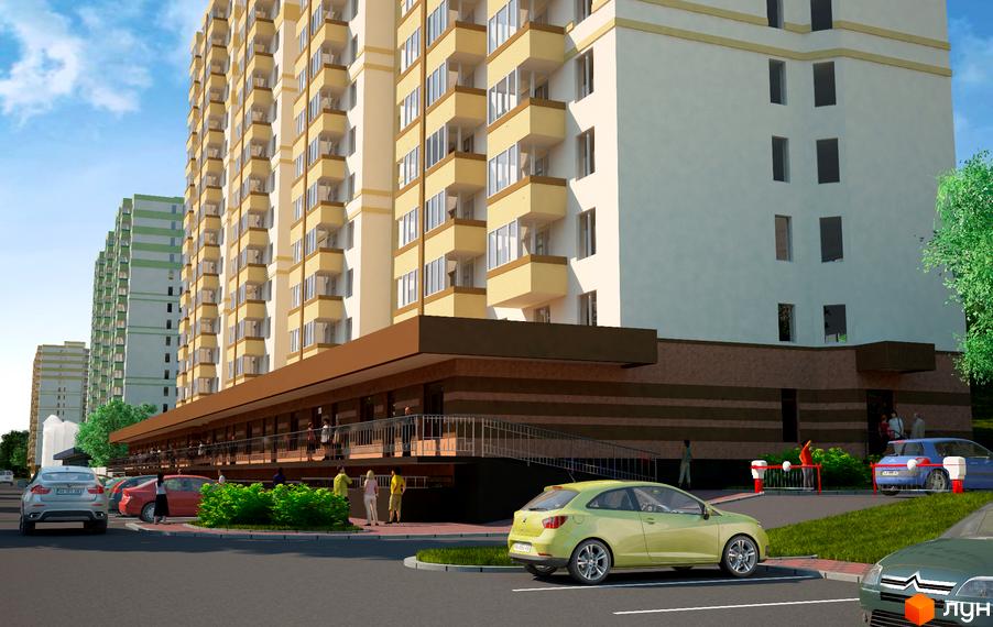 Житловий комплекс Берегиня: багатоповерхові будинки з балконами та комерційними приміщеннями на першому поверсі. Прибудинкова територія з парковкою та зеленими насадженнями.