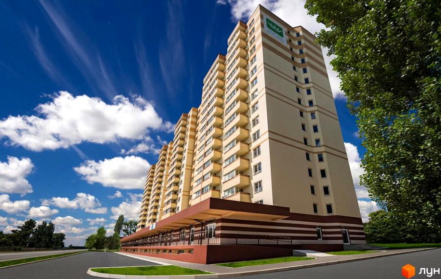 ЖК Берегиня - висотна новобудова світло-бежевого кольору з балконами та коричневими смугами. Навколо зелені дерева та блакитне небо з хмарами.