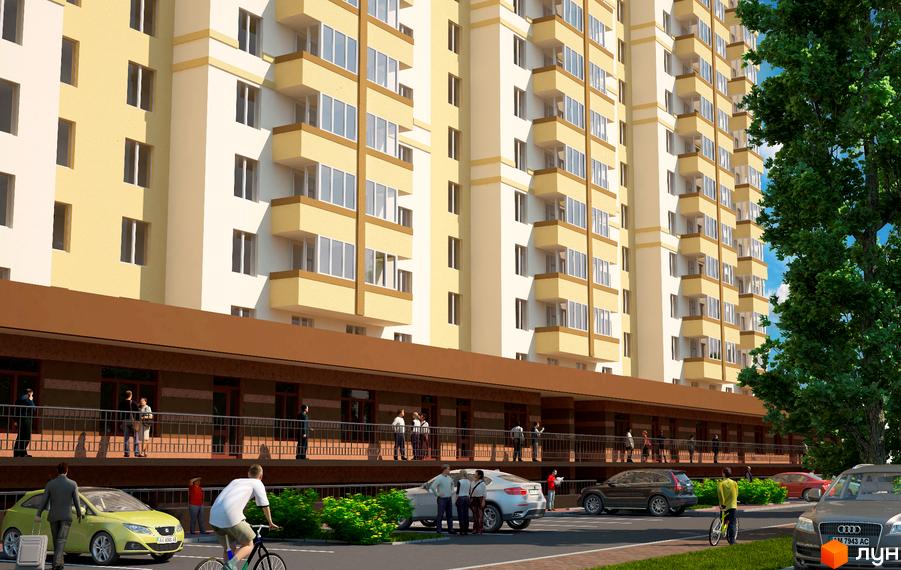 Зображення фасаду багатоповерхового будинку в Житловому комплексі Берегиня. На передньому плані прибудинкова територія з парковкою та автомобілями.