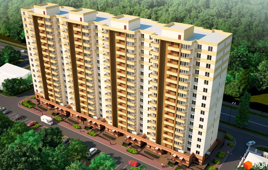 Висотна будівля ЖК Берегиня з великою кількістю балконів та вікон. На прибудинковій території є парковка, зелені насадження та пішохідні доріжки.