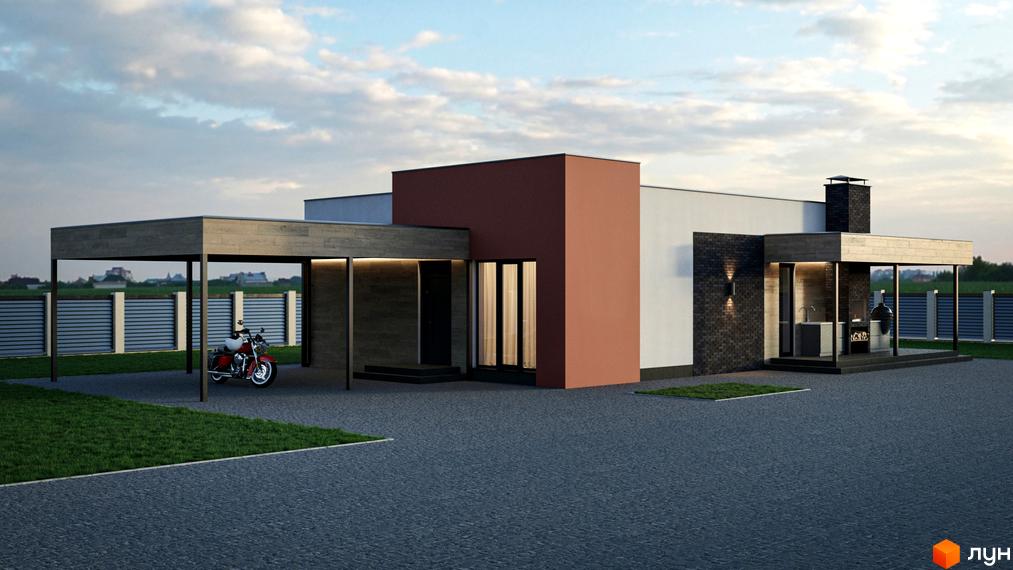 Котеджне містечко Bucha Village: Одноповерховий будинок з білими, теракотовими та темно-сірими фасадами, навісом для авто та зоною барбекю. Перед будинком бруківка та газон.