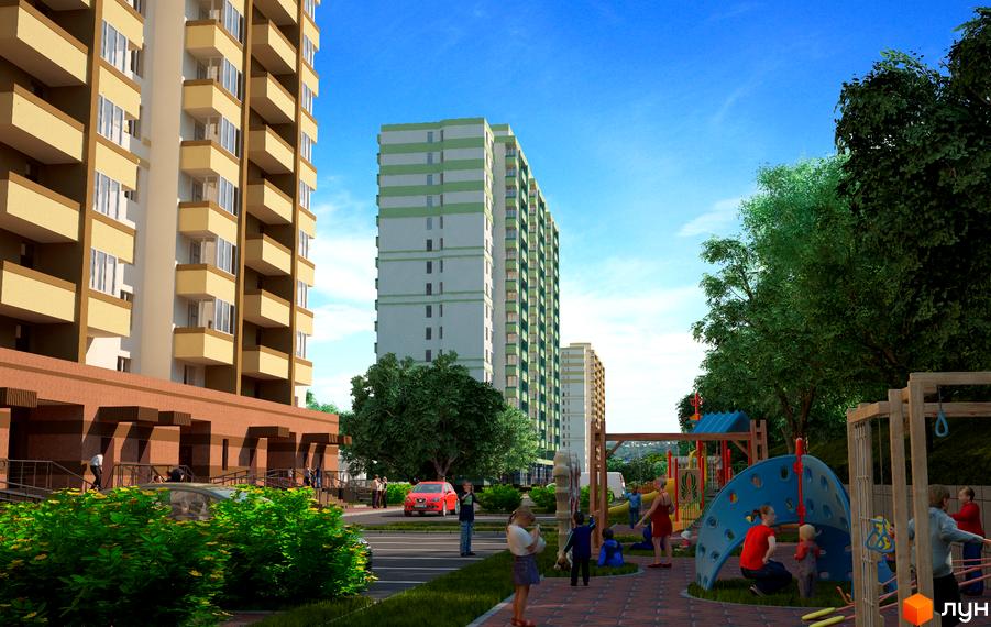 Зображення сторінки житлового комплексу Берегиня. Високі будинки з балконами, поруч дитячий майданчик та зелені насадження.