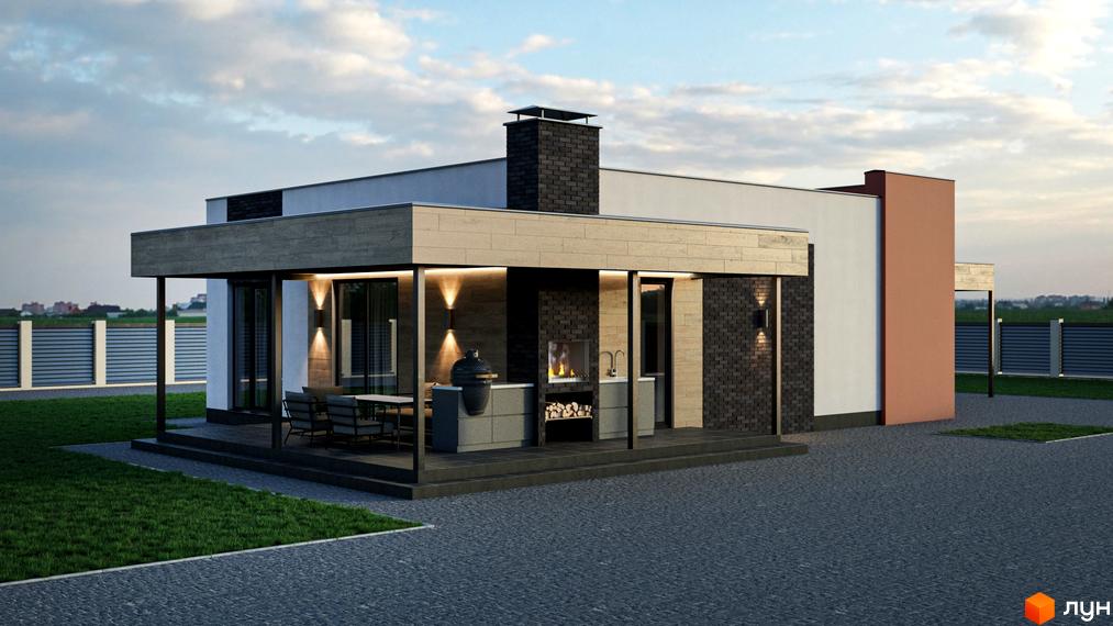 Зображення будинку Котеджного містечка Bucha Village з білим фасадом, темною цеглою та терасою з грилем. Прибудинкова територія має газон та бруковані доріжки.