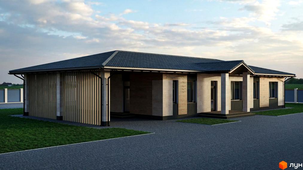 Котеджне містечко Bucha Village: одноповерховий будинок з темно-сірим дахом, світлим фасадом та дерев'яними панелями. Прибудинкова територія з газоном та бруківкою.