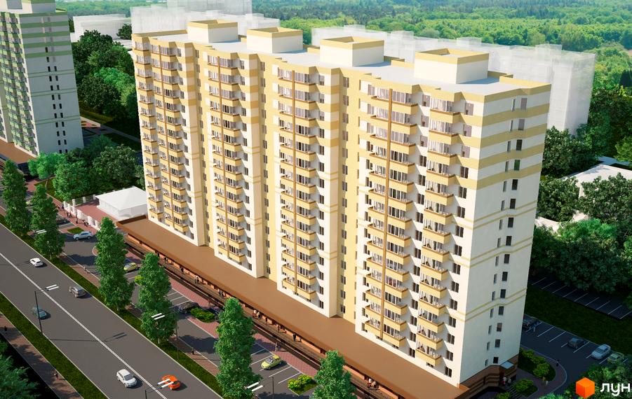 Житловий комплекс Берегиня. Висотна будівля з балконами та світлими фасадами. Перед будинком розташована дорога з деревами та парковкою.