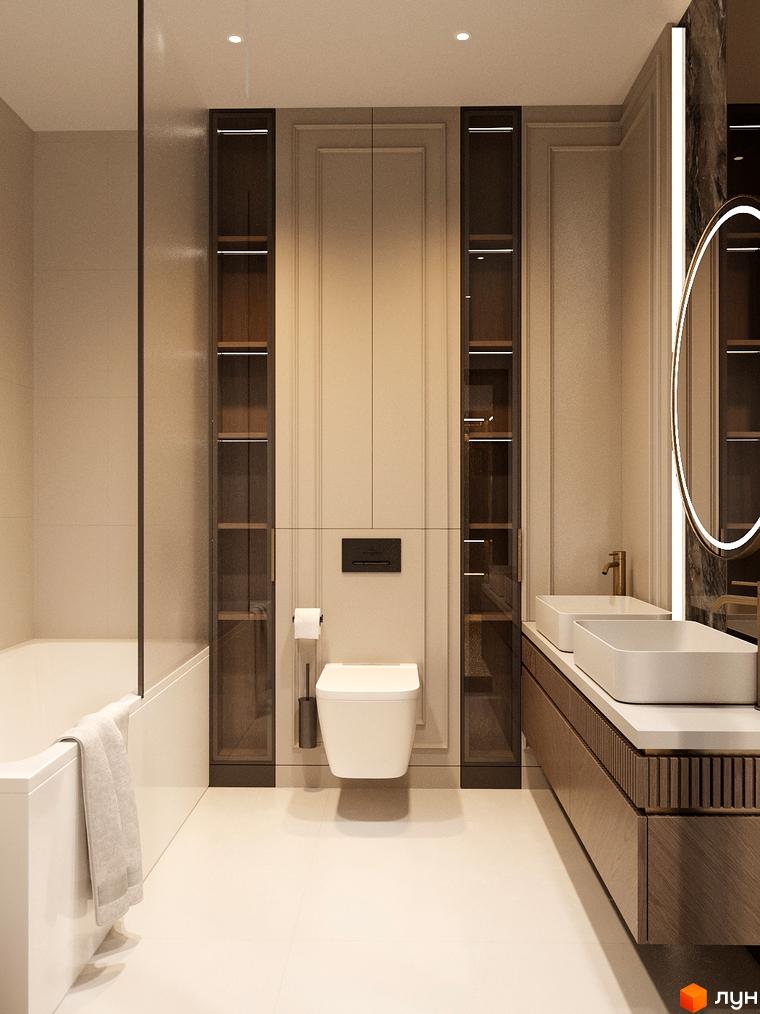 Сучасний інтер'єр ванної кімнати з ванною, умивальниками та стильними меблями. Яскраве освітлення підкреслює простір.