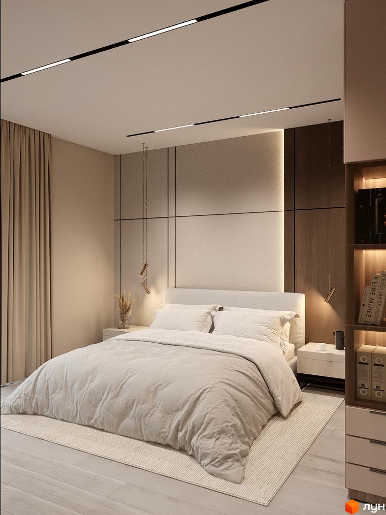 Сучасна спальня в житловому комплексі Таунхауси Svoie Birky з великим ліжком та стильними елементами декору.