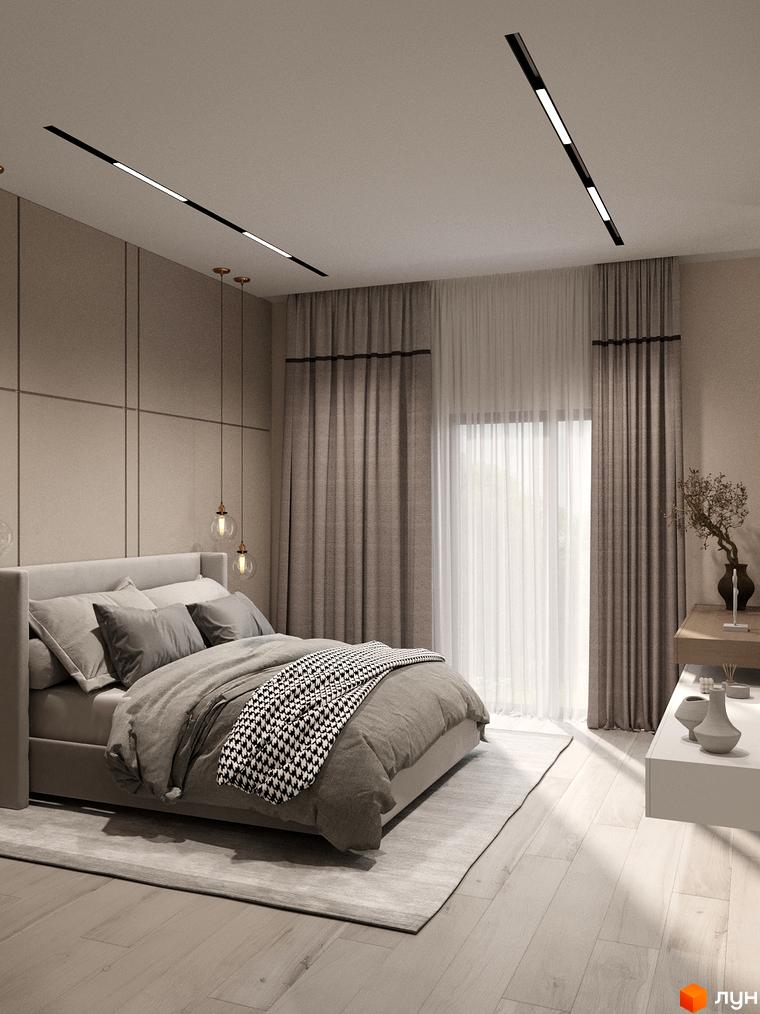 Сучасна спальня у житловому комплексі Таунхауси Svoie Birky з великим ліжком та вікном, що виходить на прибудинкову територію.