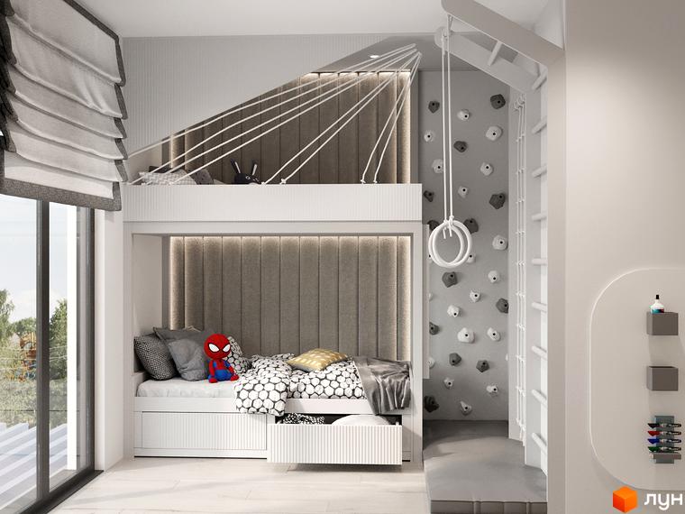 Інтер'єр дитячої кімнати з двоярусним ліжком, спортивним куточком та м'якими іграшками. Яскраве освітлення та сучасний дизайн.