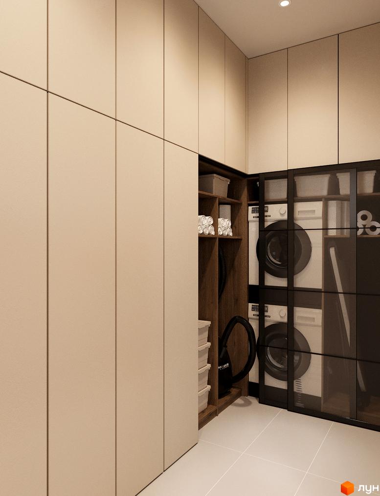 Інтер'єр житлового комплексу Таунхауси Svoie Birky, пральня з сучасними меблями та побутовою технікою.