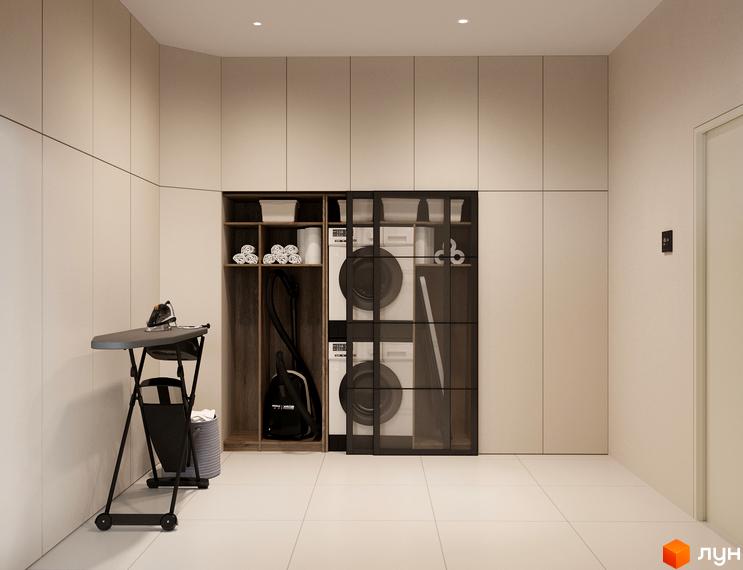 Сучасний інтер'єр пральні з пральними машинами та прасувальною дошкою. Простора зона для побутових потреб у житловому комплексі.