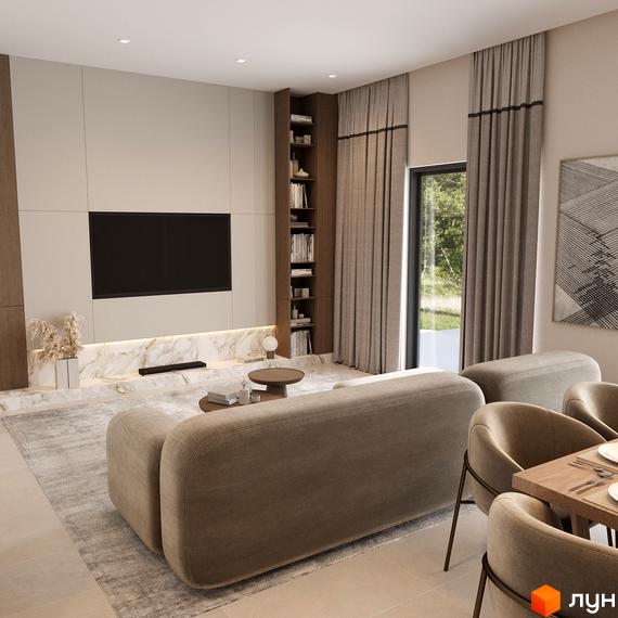 Сучасний інтер'єр вітальні житлового комплексу Таунхауси Svoie Birky з м'яким диваном та обіднім столом. Велике вікно забезпечує природне освітлення.