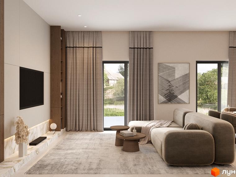 Сучасний інтер'єр житлового комплексу Таунхауси Svoie Birky з просторою вітальнею та великими вікнами, що виходять на зелений двір.