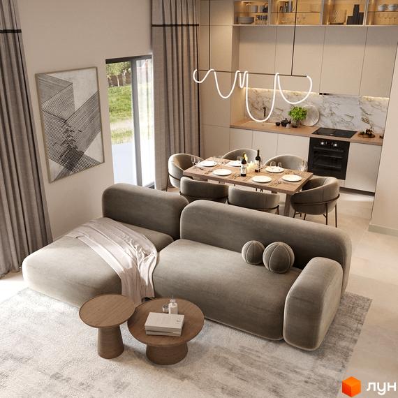 Сучасна вітальня з м'яким диваном та обіднім столом в житловому комплексі Таунхауси Svoie Birky. Простора зона для відпочинку та прийому гостей.
