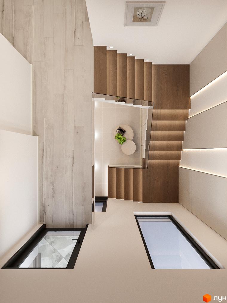 Сходи з дерева ведуть до другого поверху, навколо сучасне освітлення та стильні вікна. Простора прибудинкова територія з елементами ландшафтного дизайну.