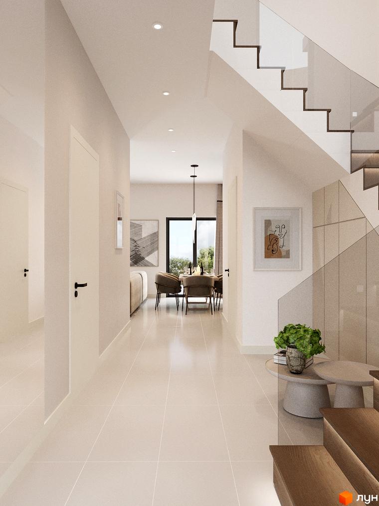 Внутрішній інтер'єр Таунхаусів Svoie Birky з сучасними сходами та зоною для відпочинку. Простора кімната з великими вікнами та стильними меблями.