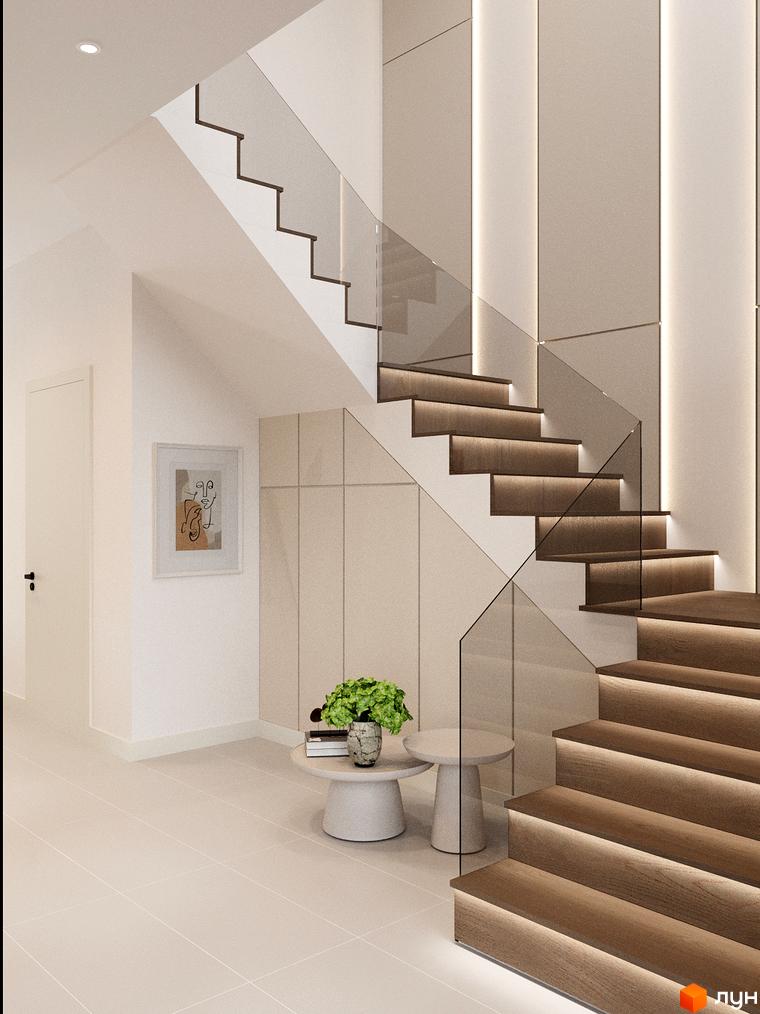 Сучасні сходи з дерев'яними ступенями та скляним поручнем у Таунхаусах Svoie Birky. Простора прибудинкова територія з рослинністю та стильними меблями.