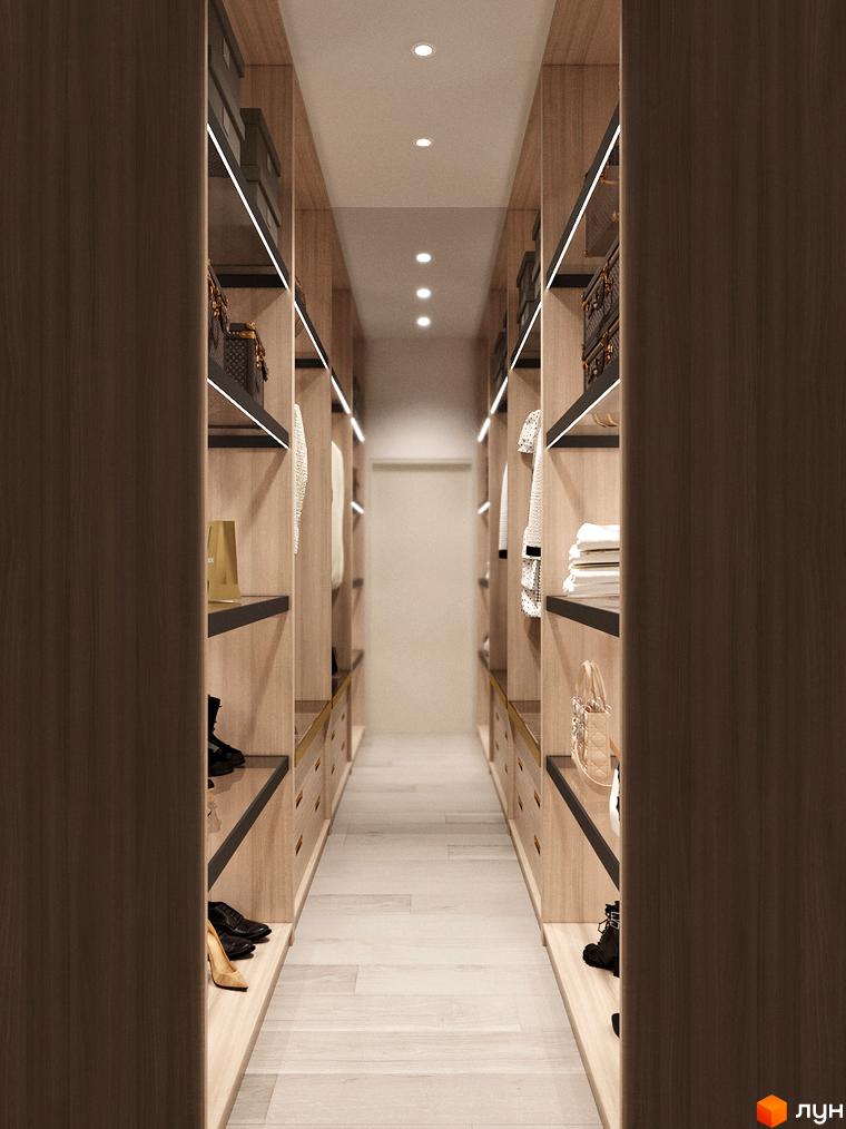 Внутрішній вигляд житлового комплексу Таунхауси Svoie Birky, коридор з полицями та освітленням.