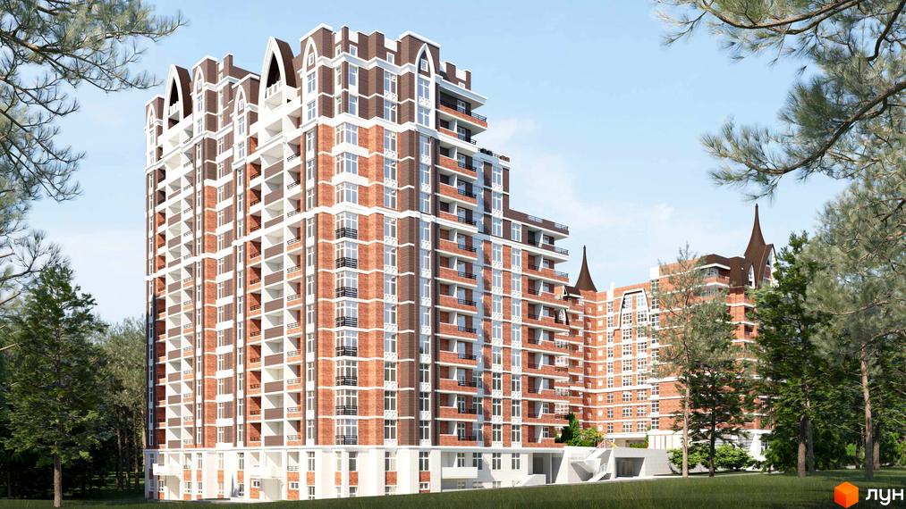Висотна будівля з цегляними фасадами та білими балконами. На території комплексу є зелені насадження та дерева.