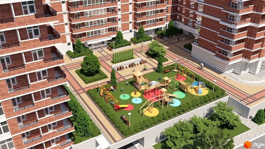 Багатоповерхові будинки Житлового комплексу Sherwood Park з цегляними фасадами та балконами. На прибудинковій території розташований дитячий майданчик та зелені зони.