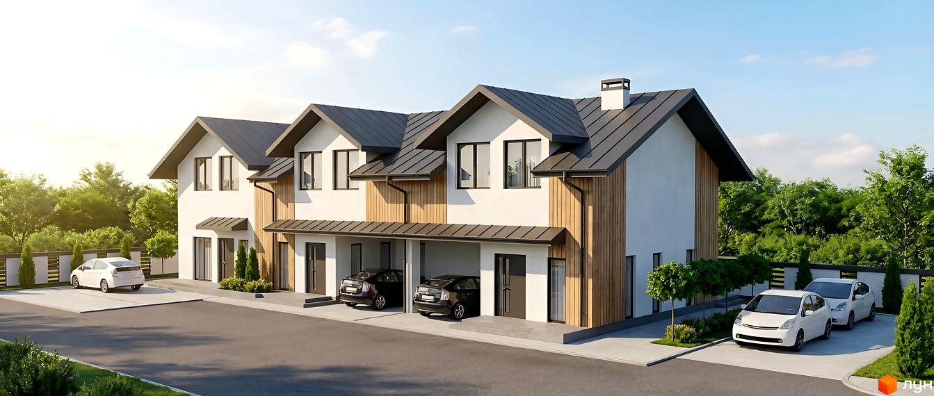 Зовнішній вигляд котеджного комплексу КМ Sunny Village з прибудинковою територією та паркувальними місцями.