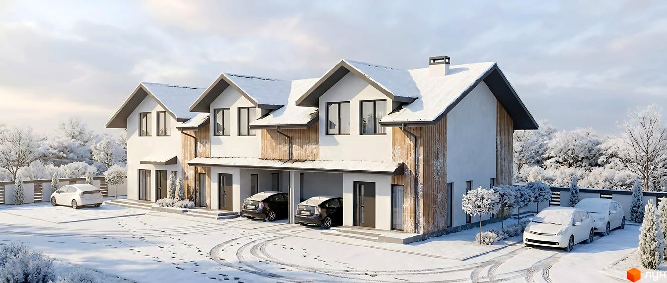 Зовнішній вигляд котеджного містечка КМ Sunny Village з сніговим покриттям та прибудинковою територією з автомобілями.